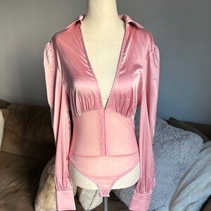 Women's Pink Satin Deep-V Bodysuit Top